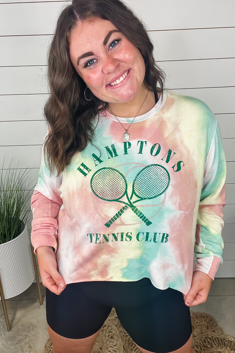 Hamptons Tennis Club- Pastel Tie Dye Cropped Long Sleeve Graphic Tee
