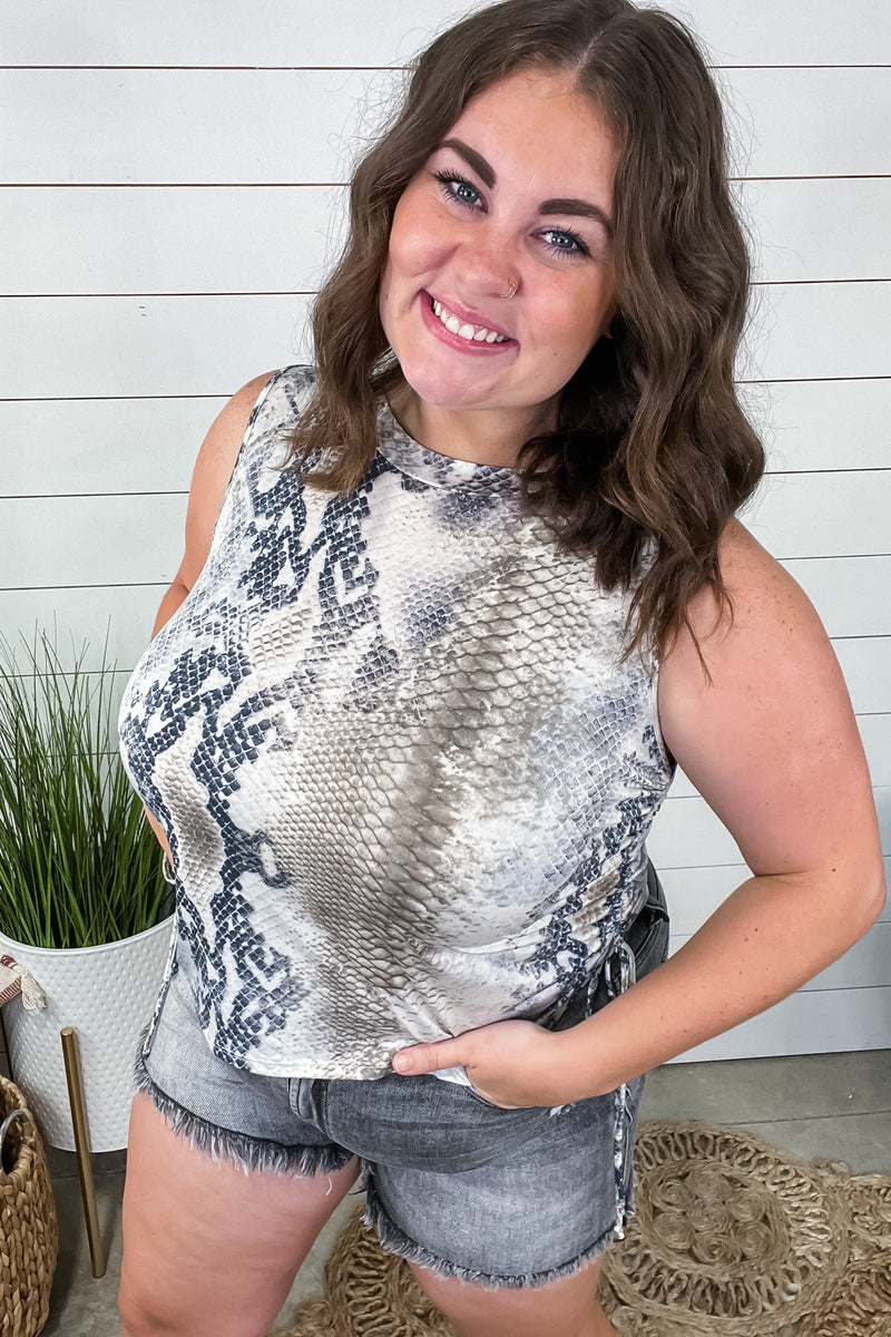 Feeling Rattled- Taupe Snake Print Silky Sleeveless Top w/ Cinched Sides