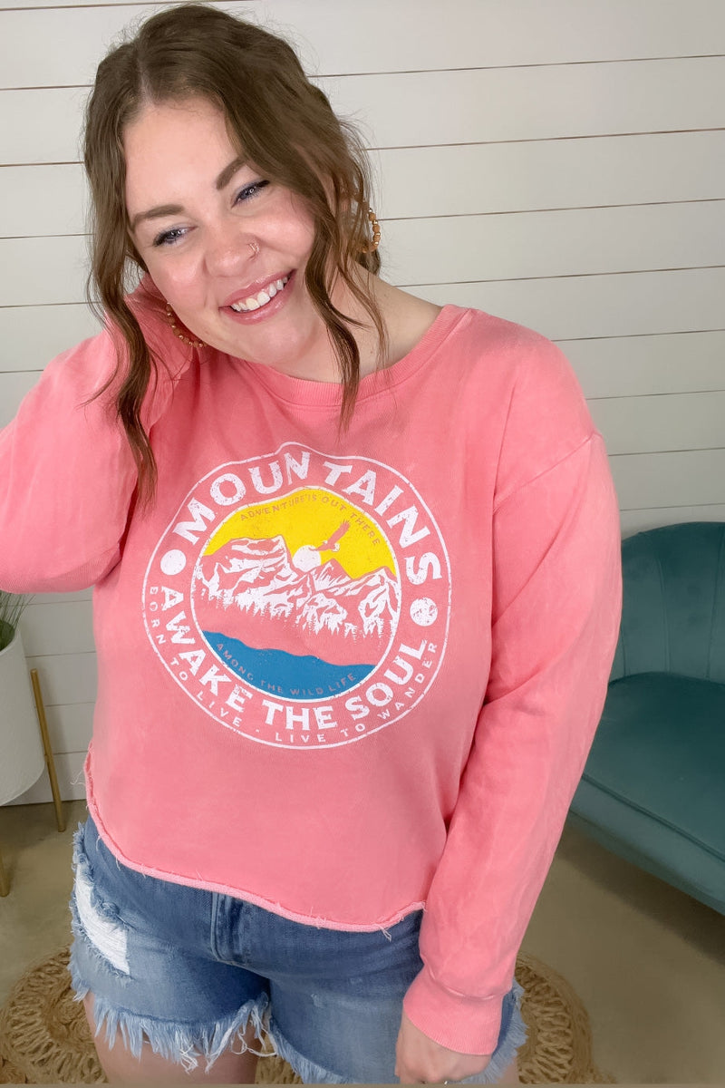 Mountains Awake The Soul- Pink Mineral Wash Cropped Graphic Crewneck