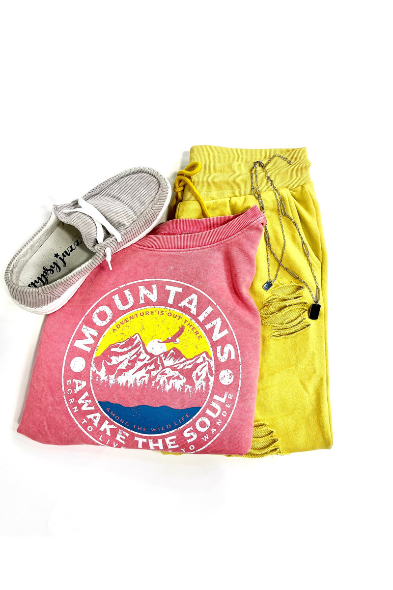 Mountains Awake The Soul- Pink Mineral Wash Cropped Graphic Crewneck