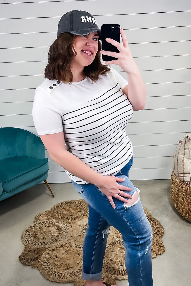 Stand By Me- Ivory Striped Top w/ Shoulder Button Detail