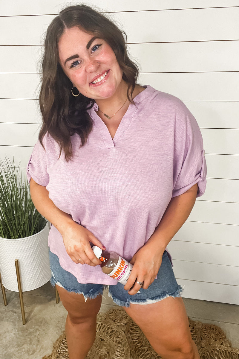 Here To Stay- Lilac V-Neck Top w/ Rolled Sleeve Detail