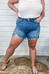 The Kimmy's- High Rise Medium Wash Distressed Denim Shorts