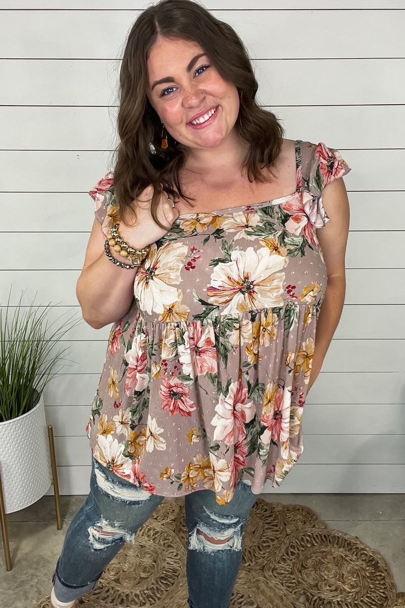 Talked Me Into It- Taupe Floral Square Neck Top w/ Swiss Dot & Ruffle Sleeve Detail