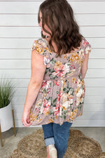 Talked Me Into It- RESTOCKED Taupe Floral Square Neck Top w/ Swiss Dot & Ruffle Sleeve Detail