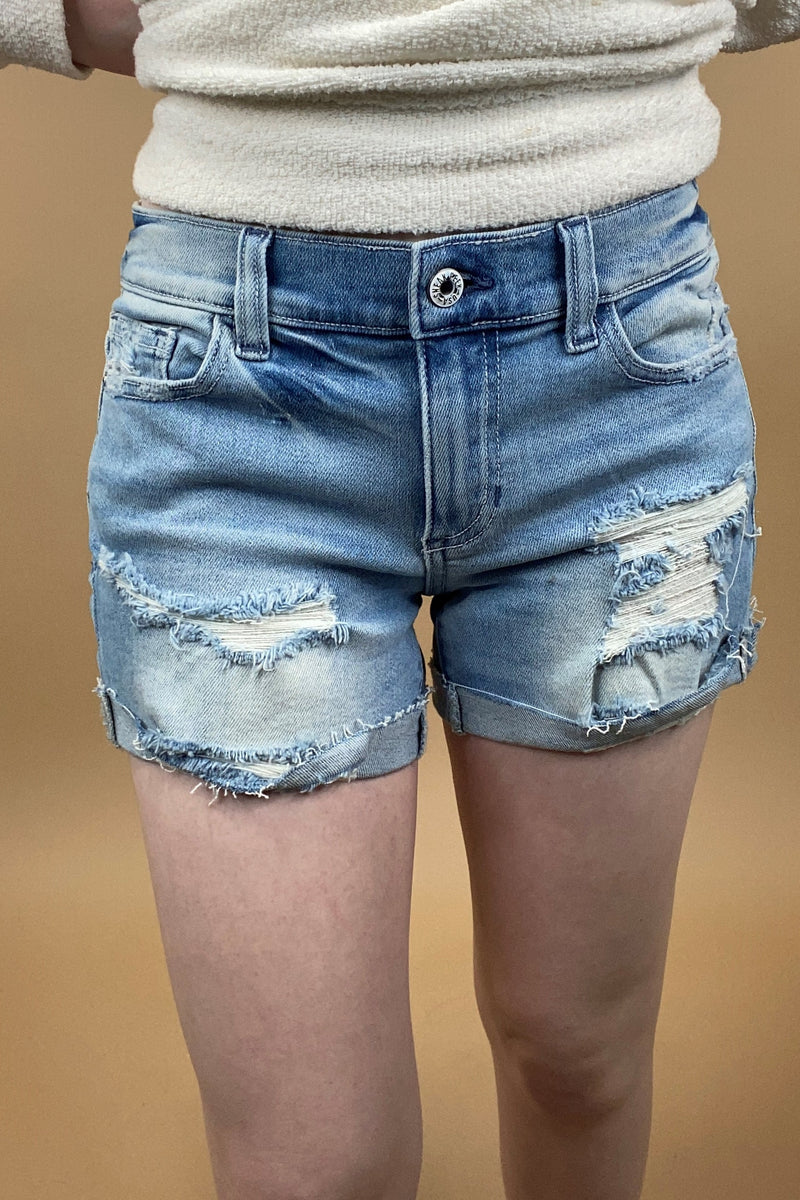 Light Wash Distressed Shorts - SMALL