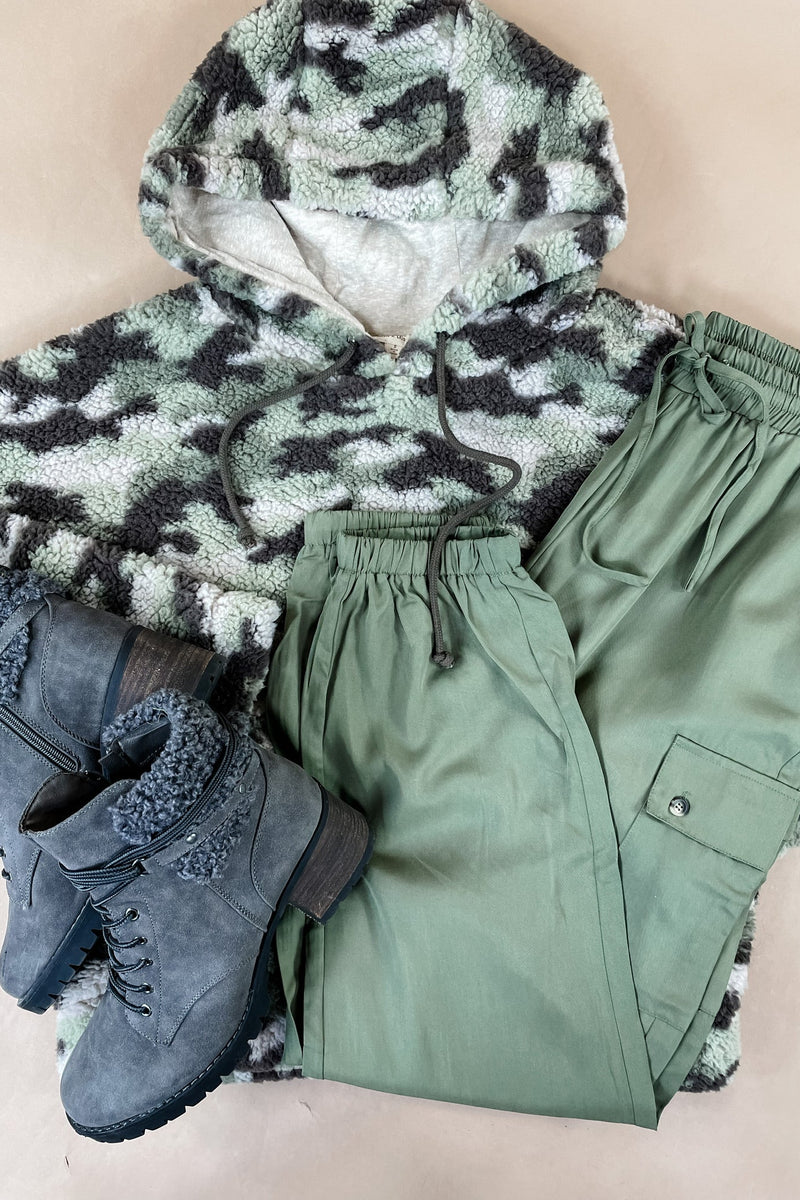 Can't Hide It- Light Olive Camo Sherpa Hoodie