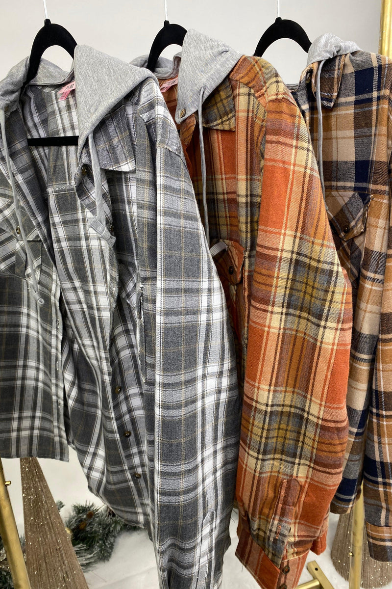 Plaid To See You- {Bone, Rust, Tan & Gray} Plaid Flannel w/ Removable Hood