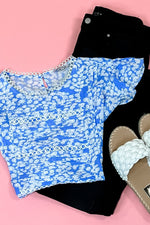Linen And Lace- Blue Floral Top w/ Flutter Sleeve & Lace Trim Detail