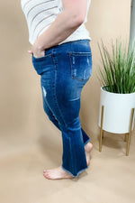 The Cara's- Medium Wash Mid Rise Distressed Cropped Flare Jeans