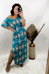 Heading South- {Teal & Mauve} Multicolor Tribal Print V-Neck Maxi Dress w/ Side Slits
