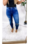 The Veronica's- Dark Wash Mid-Rise Distressed Skinnies w/ Frayed Hems