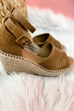 Catching Flights- Camel Open Toe Wedges w/ Ankle Strap