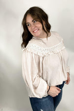 Swooning Over You- Bone Balloon Sleeve Blouse w/ Swiss Dot Detail & Lace Up Back