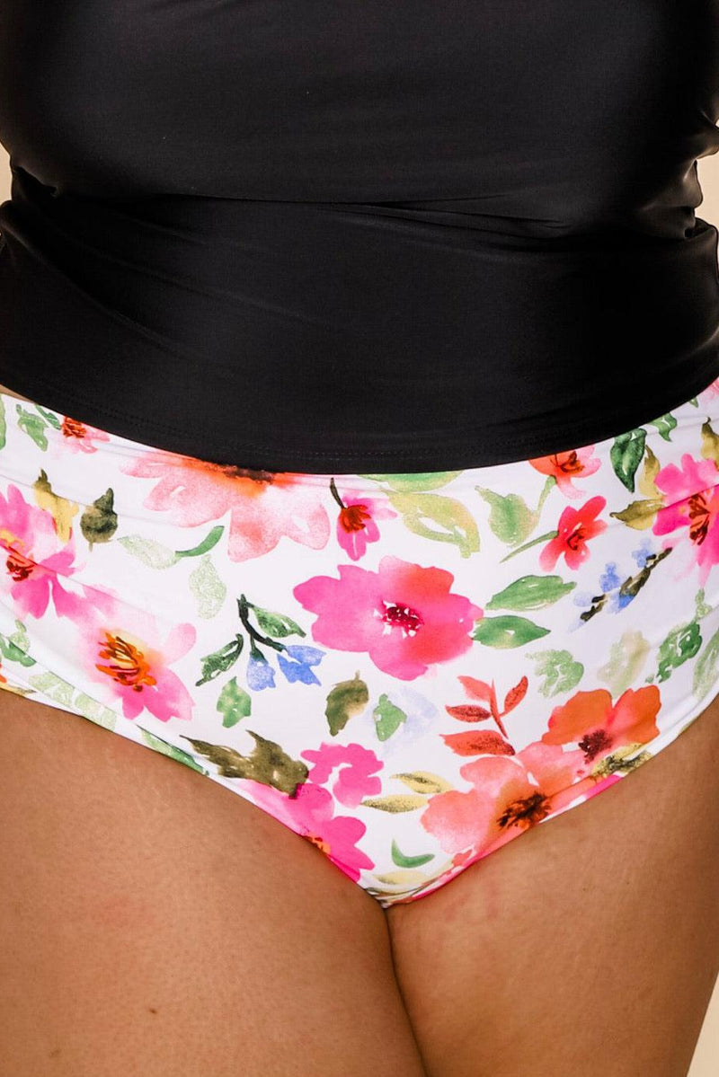 Welcome To Paradise- PLUS White & Pink Floral Mid-Rise Reversible Swim BOTTOMS