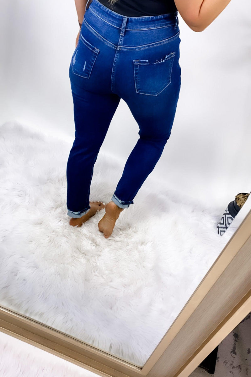 The Serena's- Dark Wash Distressed Skinny Jeans
