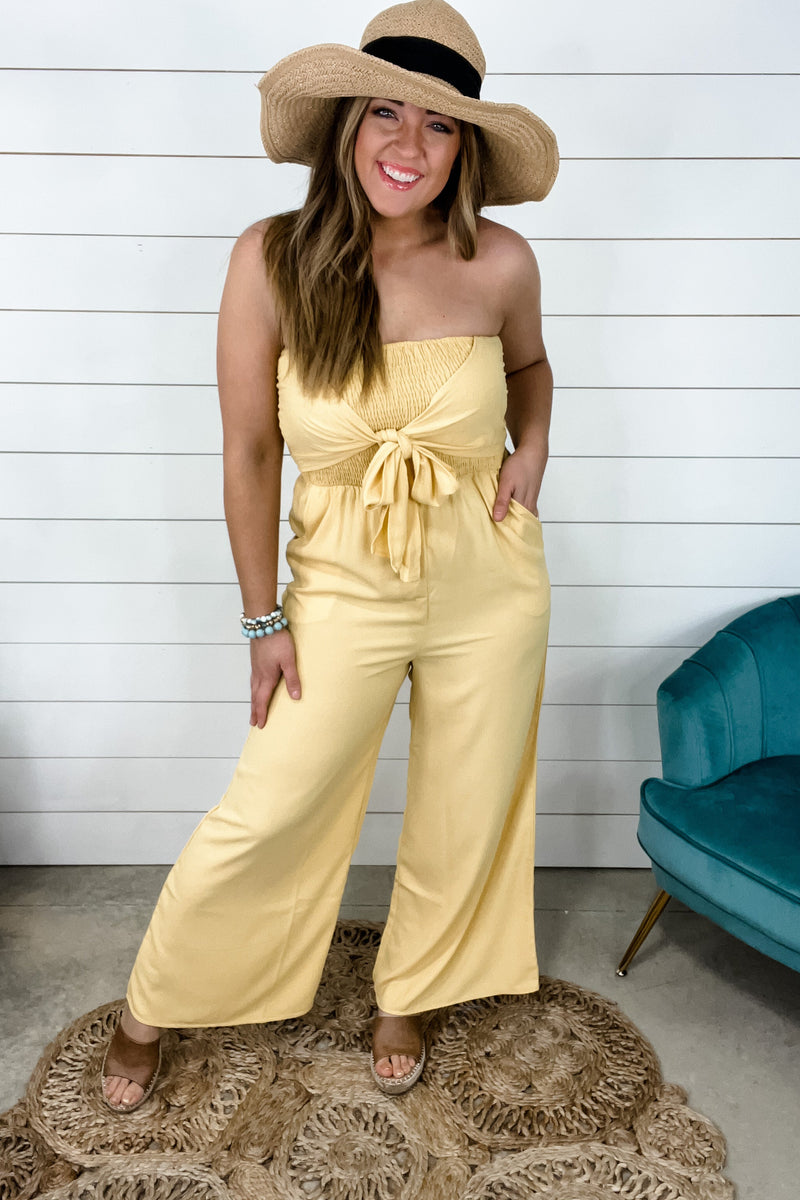 Pocket Full Of Sunshine- Yellow Strapless Jumpsuit w/ Bow Detail