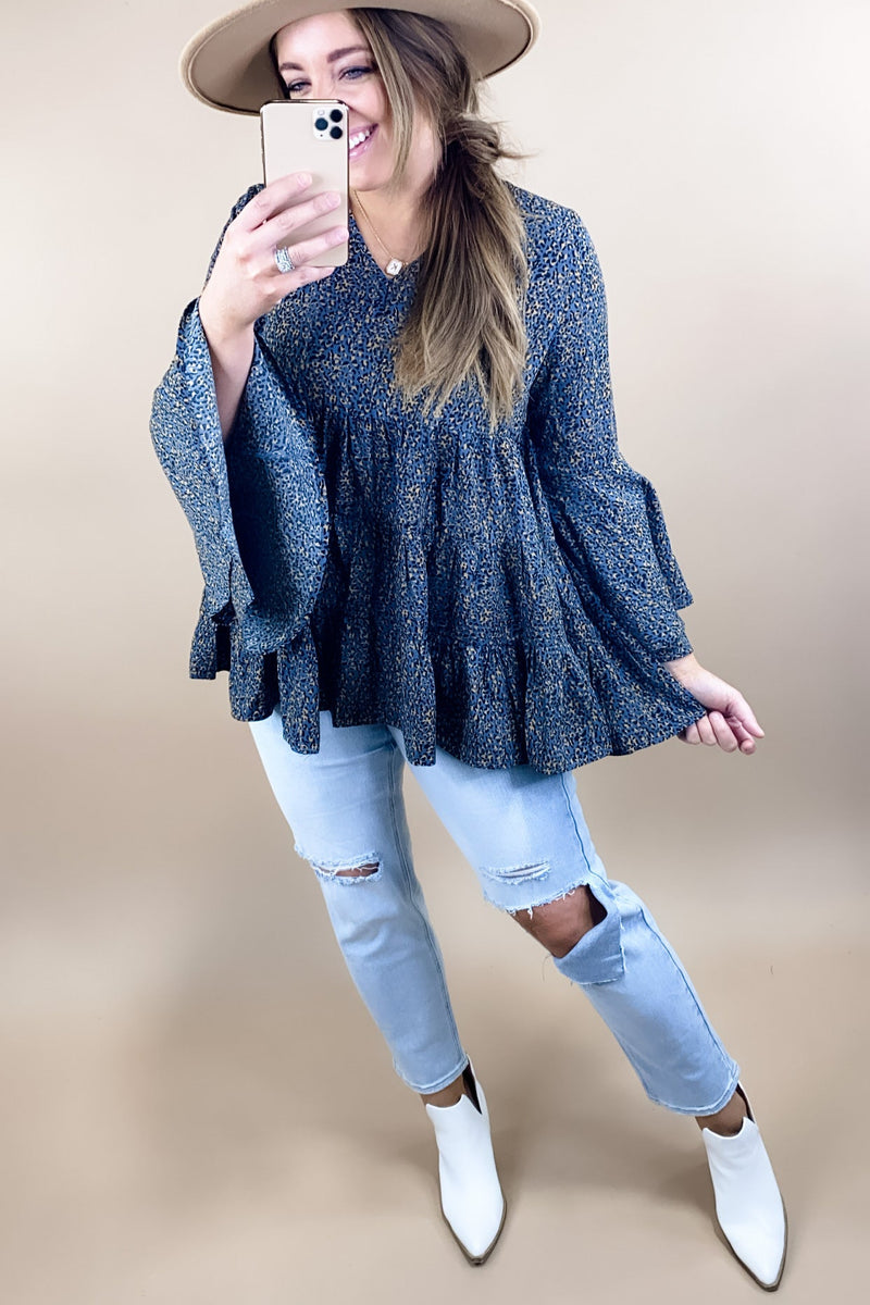 In No Time- Blue Leopard Print V-Neck Top w/ Ruffle Detail & Bell Sleeves
