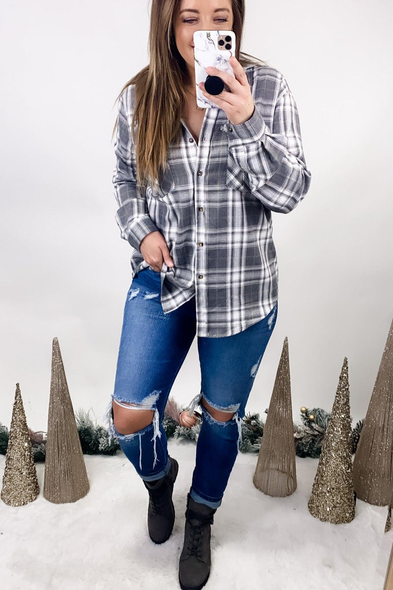 Plaid To See You- {Bone, Rust, Tan & Gray} Plaid Flannel w/ Removable Hood