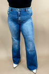 The Caroline's- High Rise Dark Wash Non-Distressed Flare Jeans w/ Frayed Hem