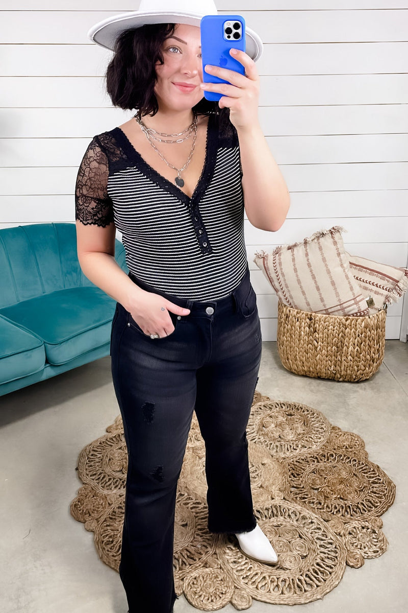 Serving Looks- {Black & White} Striped V-Neck Button Up Bodysuit w/ Lace Sleeves