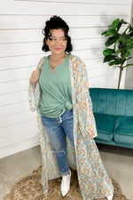 Daisy Delight- Blue Multicolor Floral Print Long Sleeve Duster