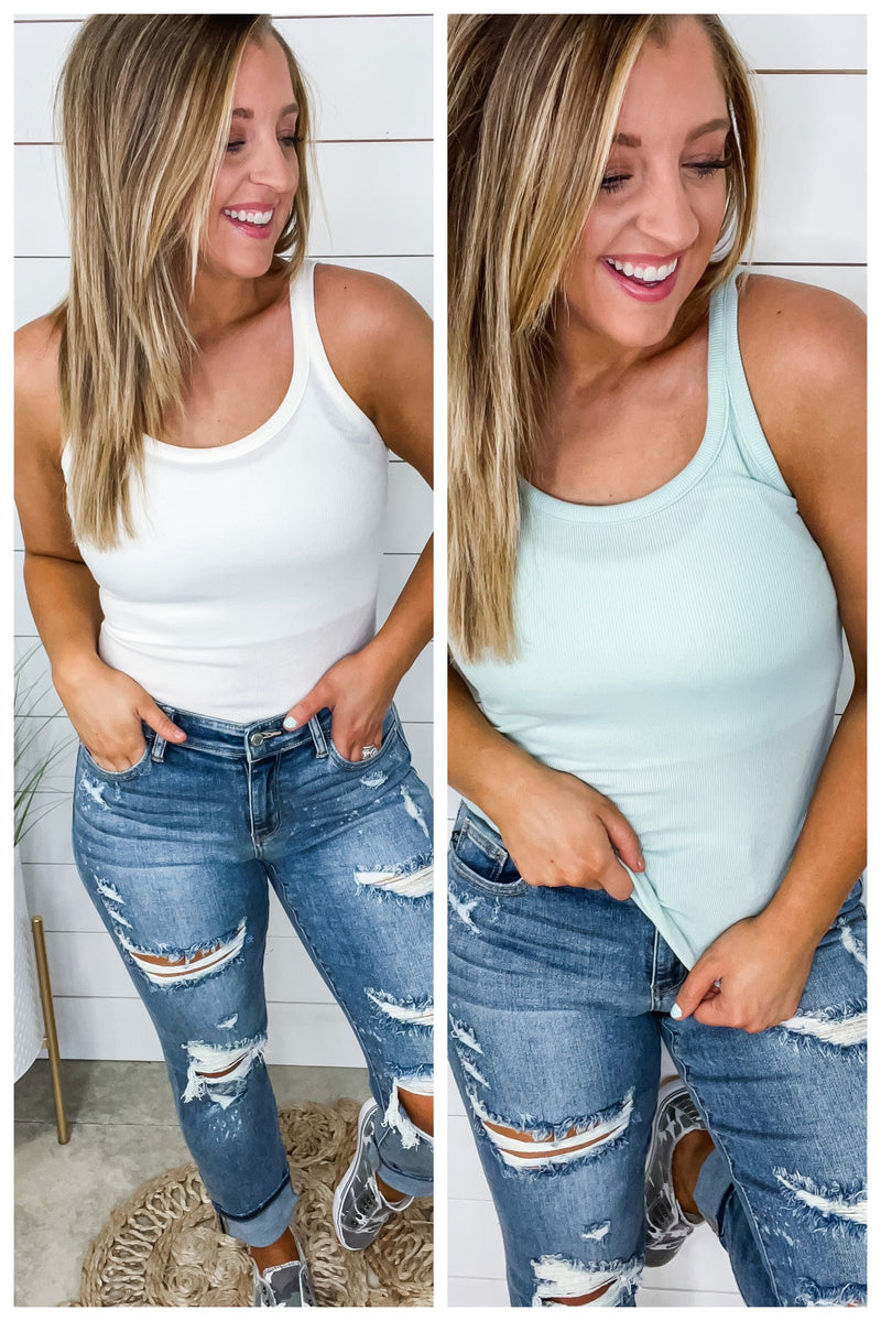 The Real Deal- {White & Mint} Ribbed Tank Top