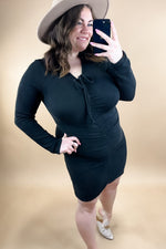 Lost In The Moment- Black Long Sleeve V-Neck Ribbed Dress w/ Ruching Detail