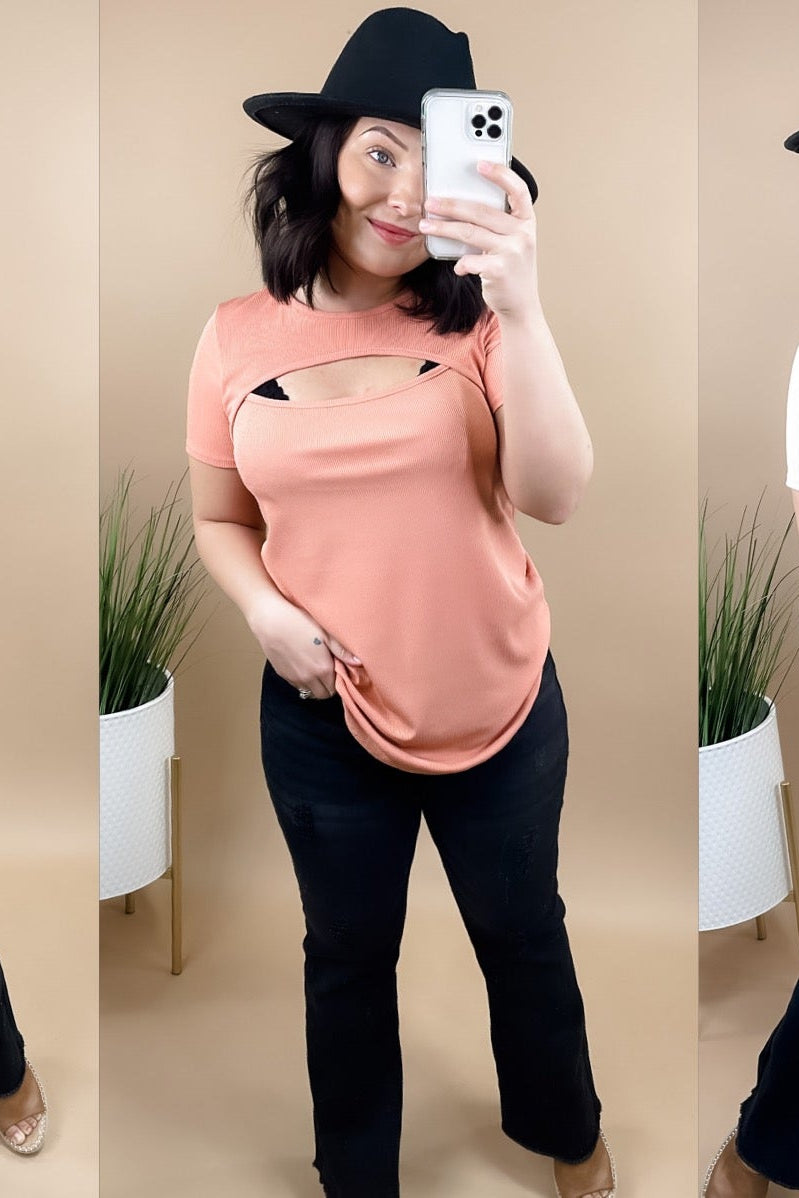 Cut Out For You- {Black, Coral & Sand} Ribbed Keyhole Short Sleeve Top