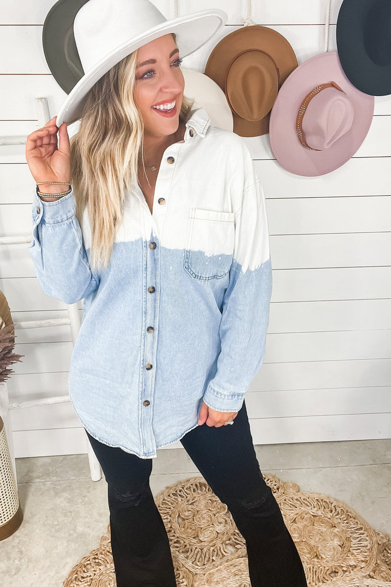 Fading Fast- White & Denim Dyed Long Sleeve Button Up Shirt