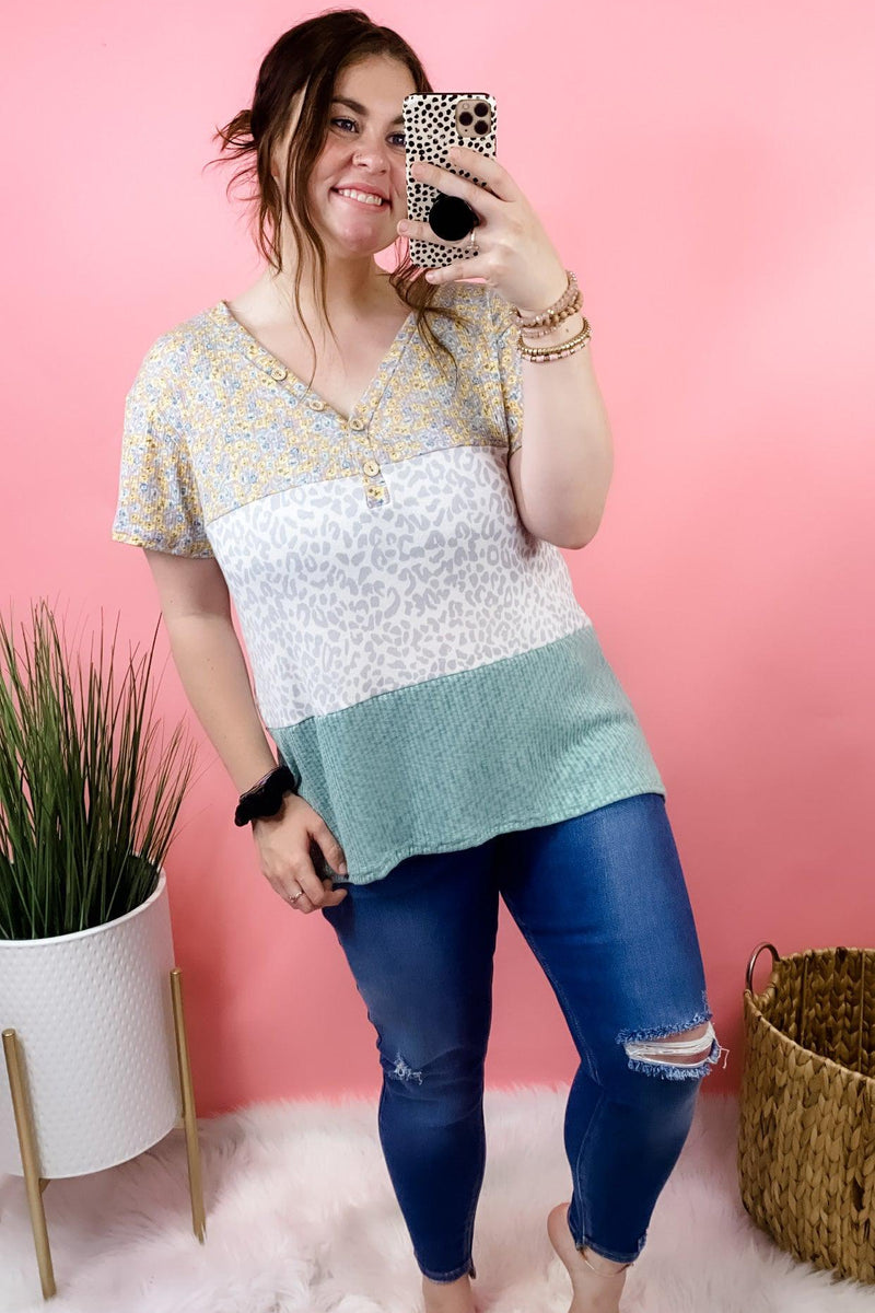In The Meantime- PLUS Sage, Floral, & Gray Leopard Color Block Top w/ Buttons
