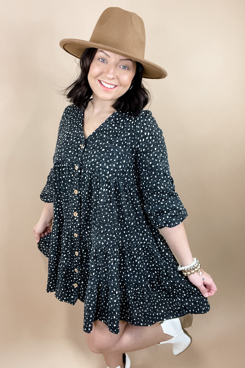 For The Moment- Charcoal & White Speckled Print Long Sleeve Button Up Dress