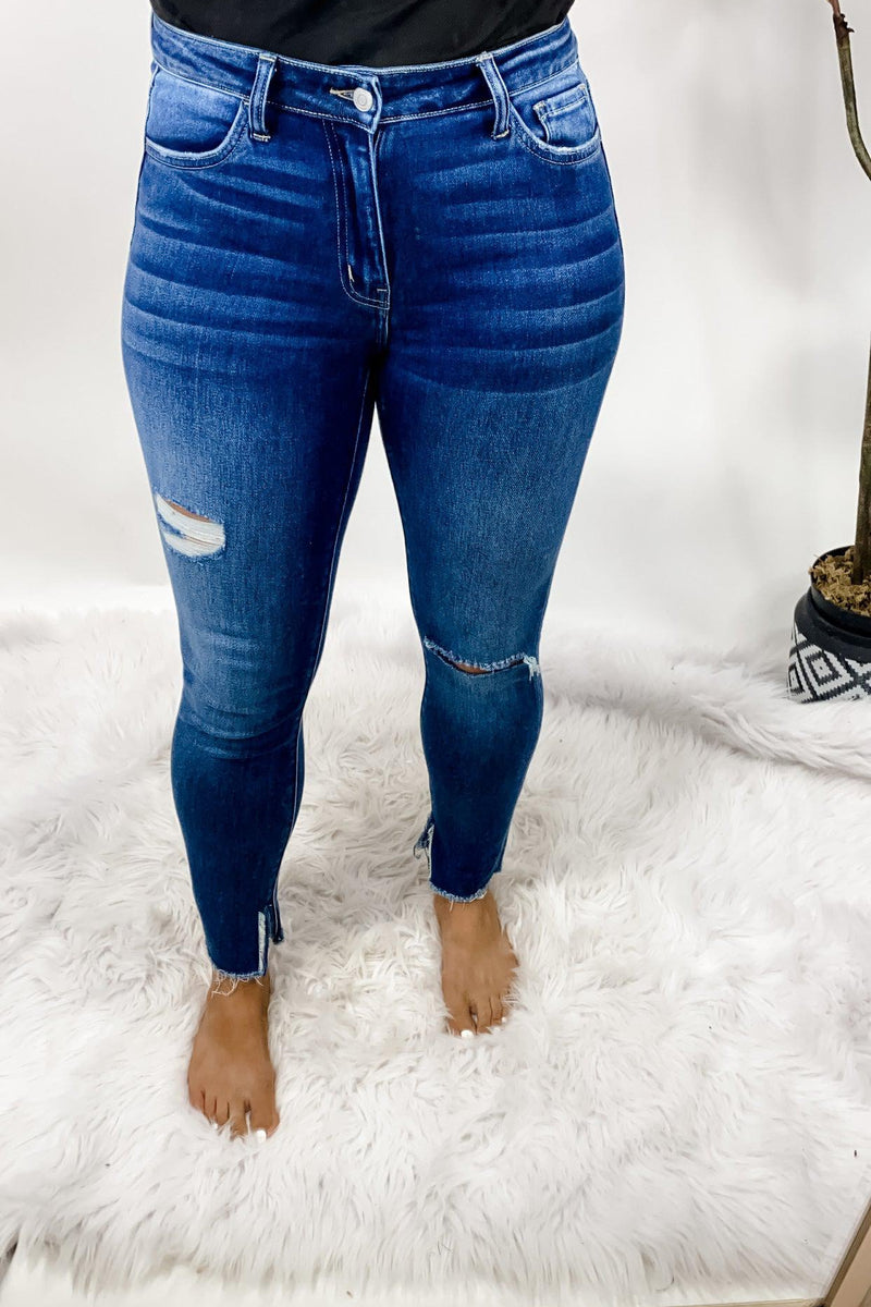 The Veronica's- Dark Wash Mid-Rise Distressed Skinnies w/ Frayed Hems