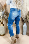 The Mariah's- High Rise Dark Wash Patched Straight Leg Jeans