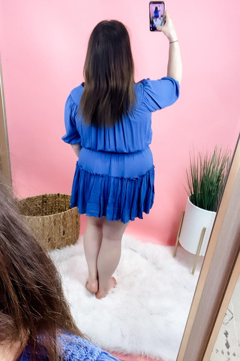 I Believe In You- Blue Smocked Off Shoulder Ruffle Dress