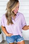 Here To Stay- Lilac V-Neck Top w/ Rolled Sleeve Detail