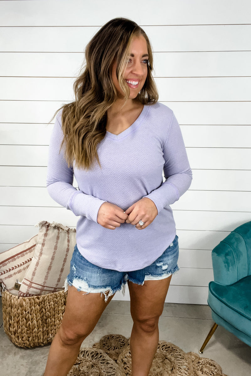 Do Me A Solid- {Coral, Cream, Lilac & Mint} V-Neck Long Sleeve Waffle Knit Top