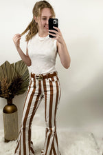 Cream Of The Crop- RESTOCKED Rust & Cream Striped Super Flare Jeans w/ Raw Hem