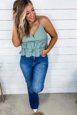 Caught A Glimpse- Sage Cotton Gauze Ruffle Tiered Tank Top