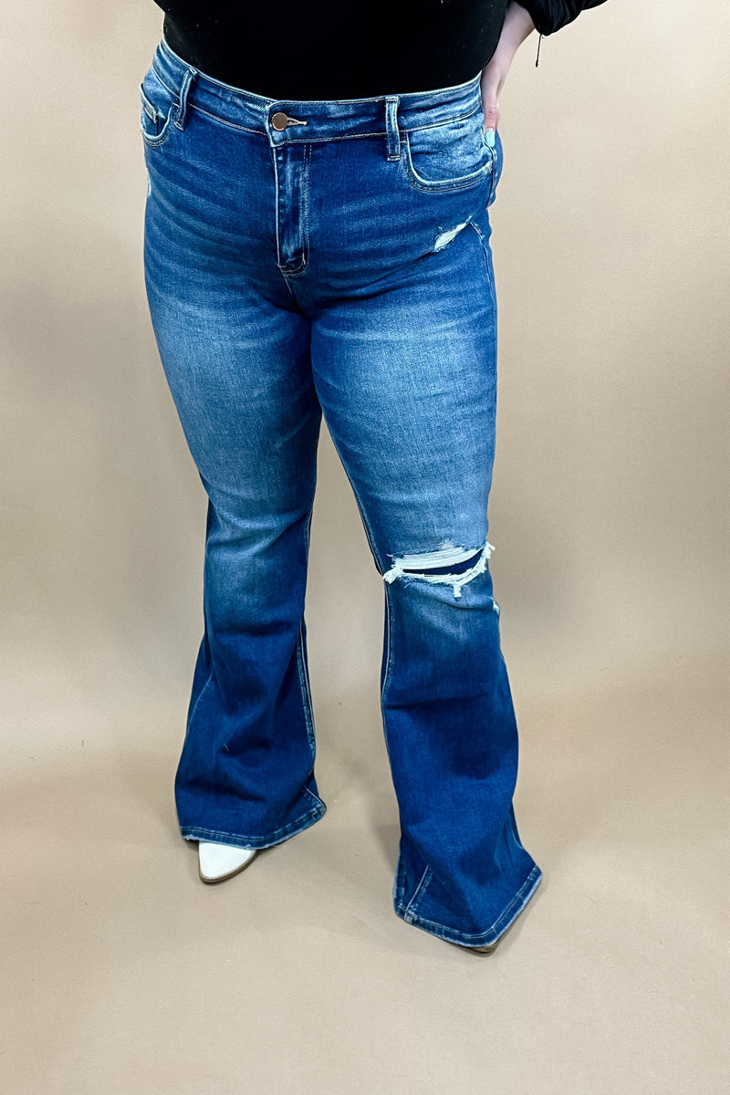 The Phoenix's- Dark Wash High Rise Flare Jeans w/ Patched Distress Detail