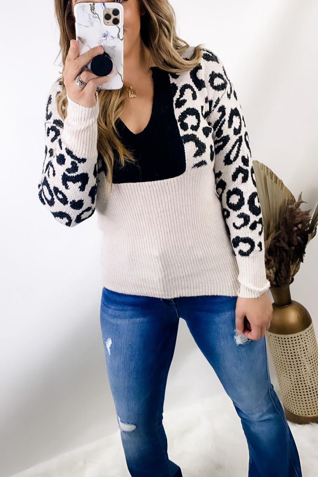 Life On The Run- Oatmeal Sweater w/ Leopard Block Sleeves