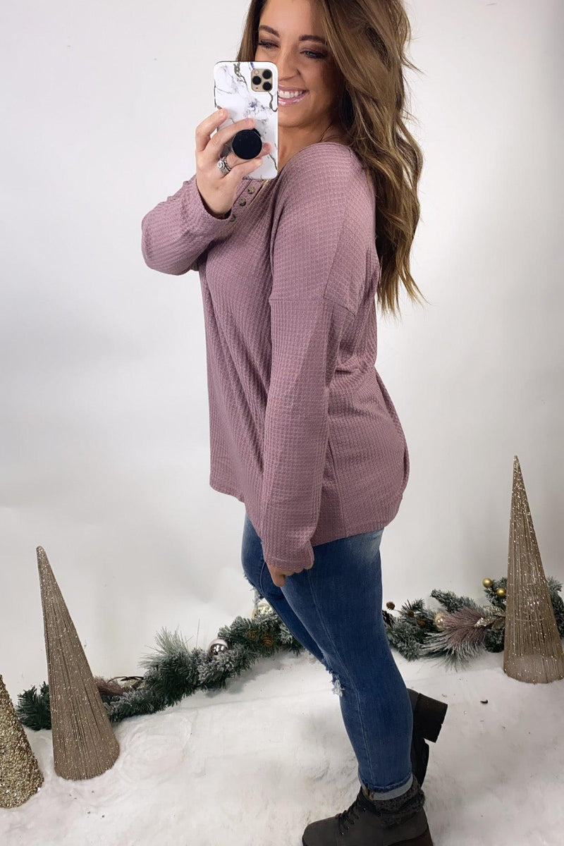 Feel The Frost- {Black, Blue, Charcoal, Ivory, Mauve & Sage} Long Sleeve Waffle Knit w/ Button Neck