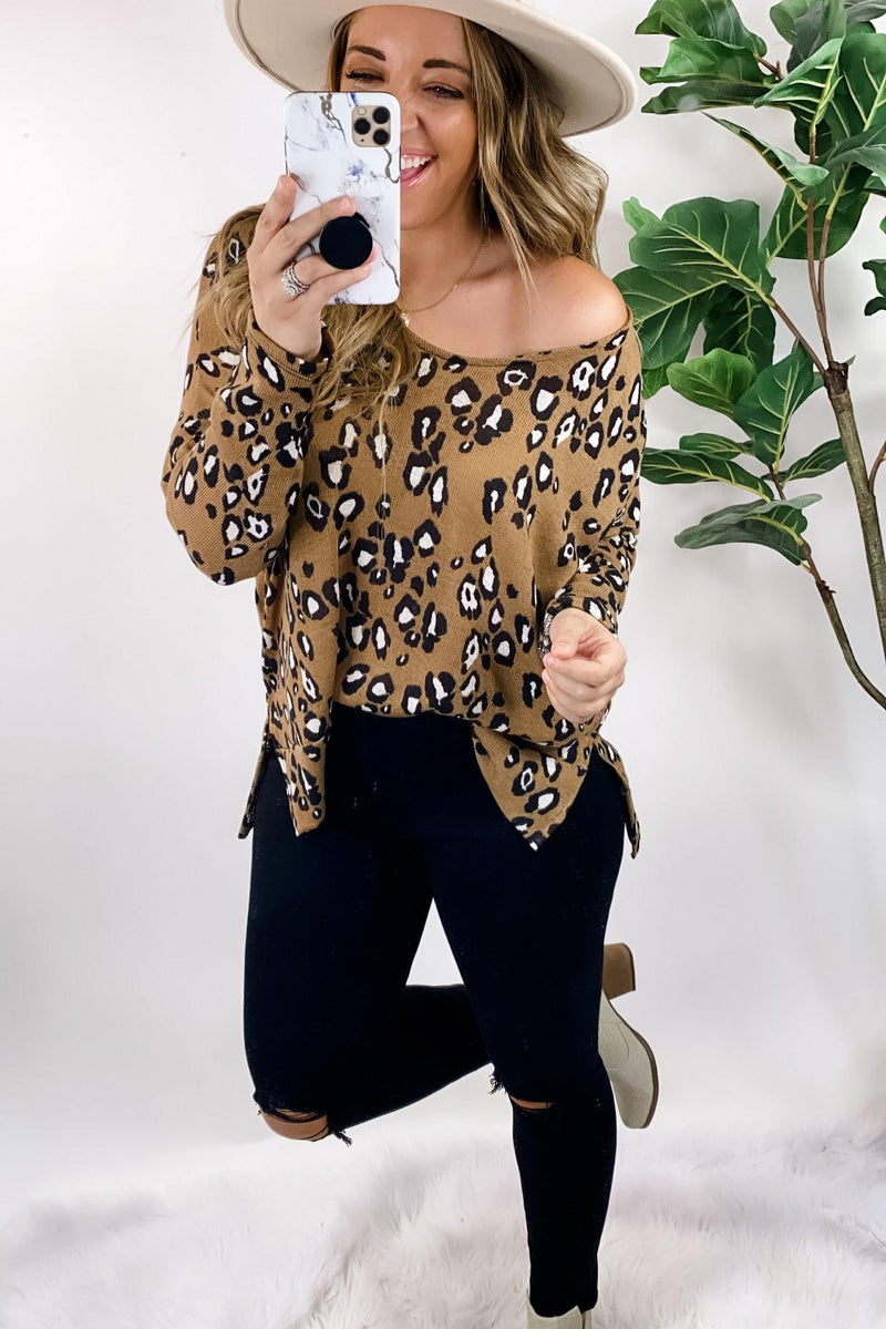 Crowd Pleaser- Brown Leopard Print Knitted Long Sleeve Top