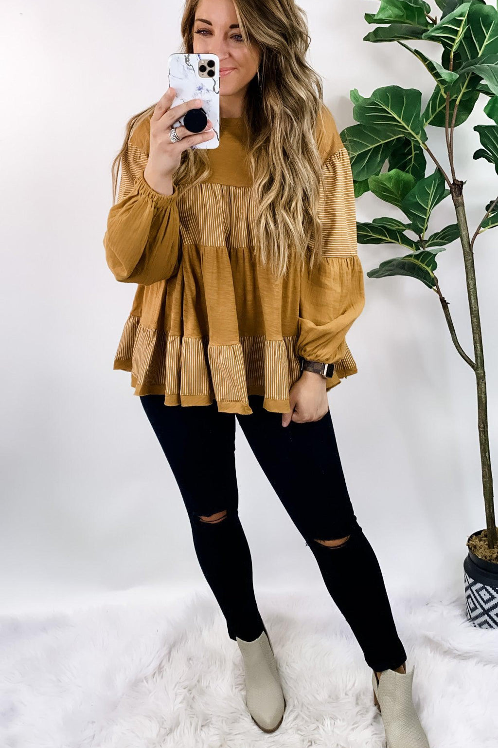 Hard To Forget- Mustard & Stripes Long Sleeve Babydoll Top