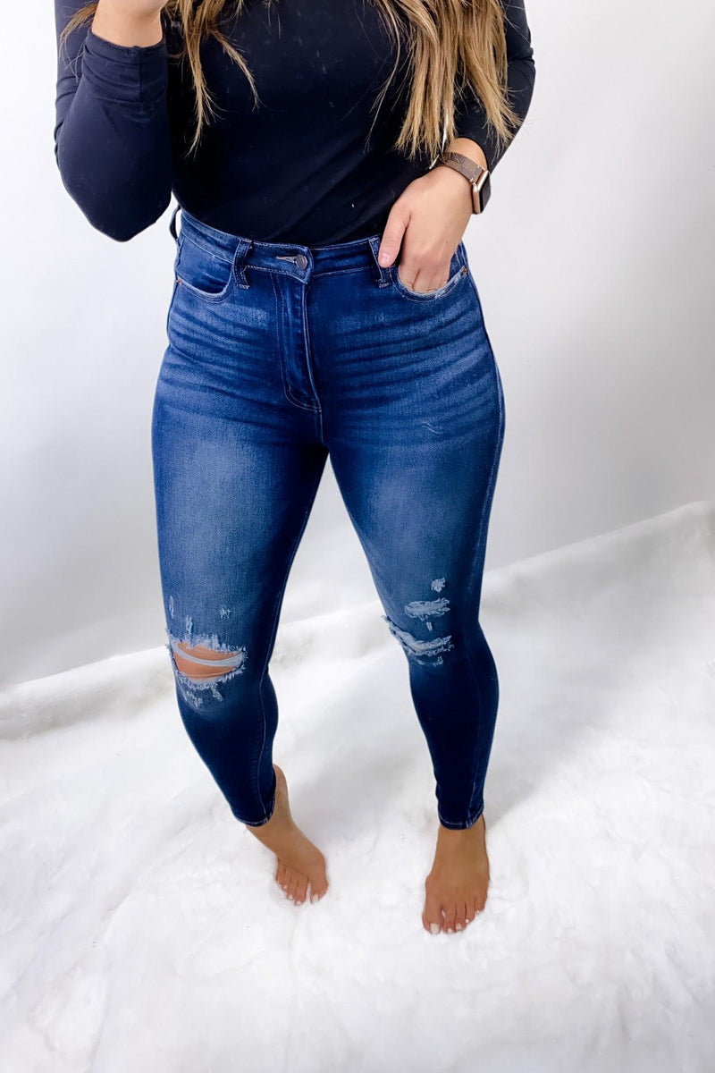 The Natalie's- Dark Wash High Rise Distressed Skinny Jeans