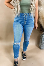 The Cassie's- Light Wash High Rise Distressed Mom Jeans w/ Frayed Button Detail