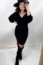 Jaw Dropper- {Black & Olive} Sweater Mini Dress w/ Dolman Sleeves & Tie Belt