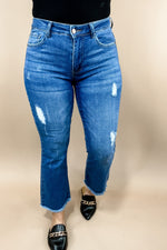 The Cara's- Medium Wash Mid Rise Distressed Cropped Flare Jeans