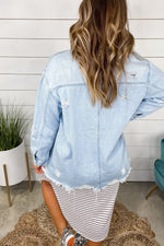 Fray It Again- Light Wash Distressed Denim Long Sleeve Button Up Shirt