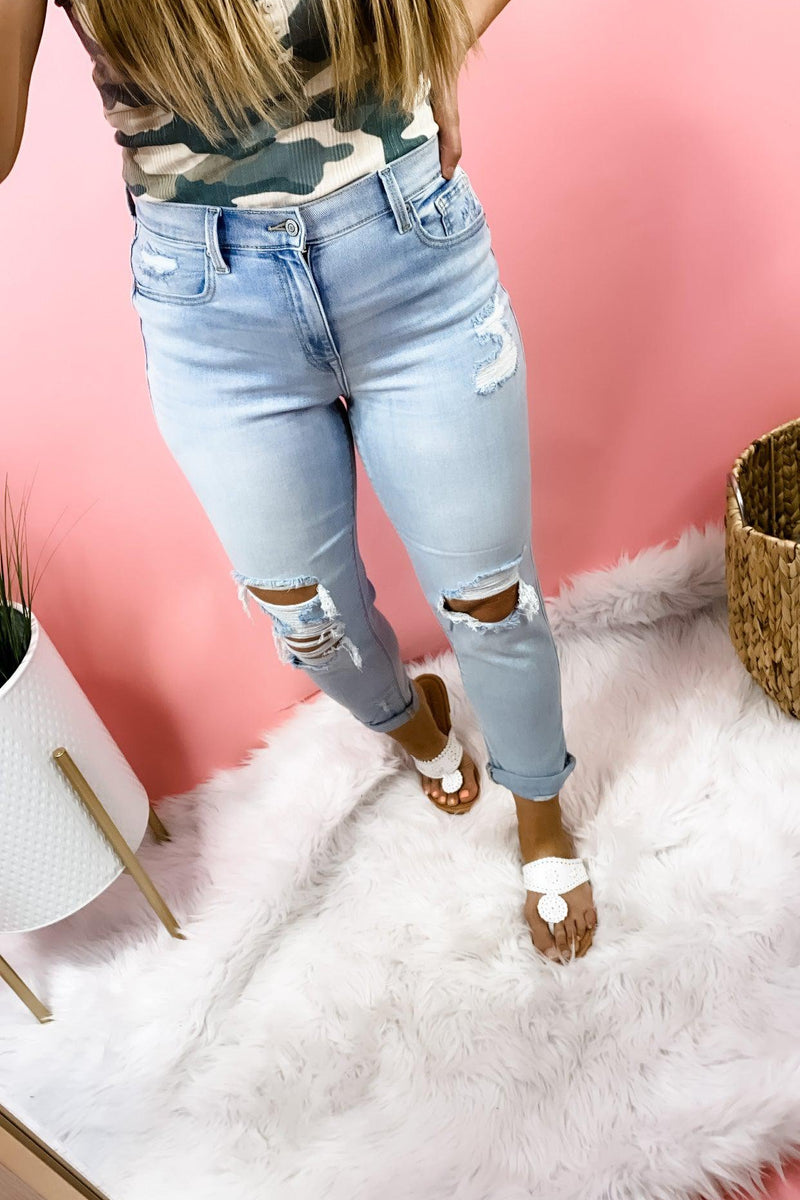 The Miley's- Light Wash High Rise Distressed Boyfriend Jeans